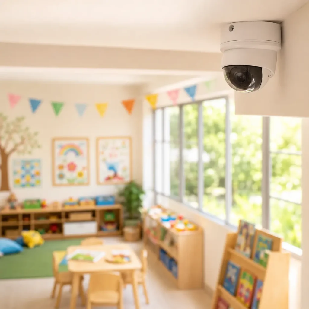 Cámara de seguridad instalada en aula infantil moderna con espacios educativos protegidos
